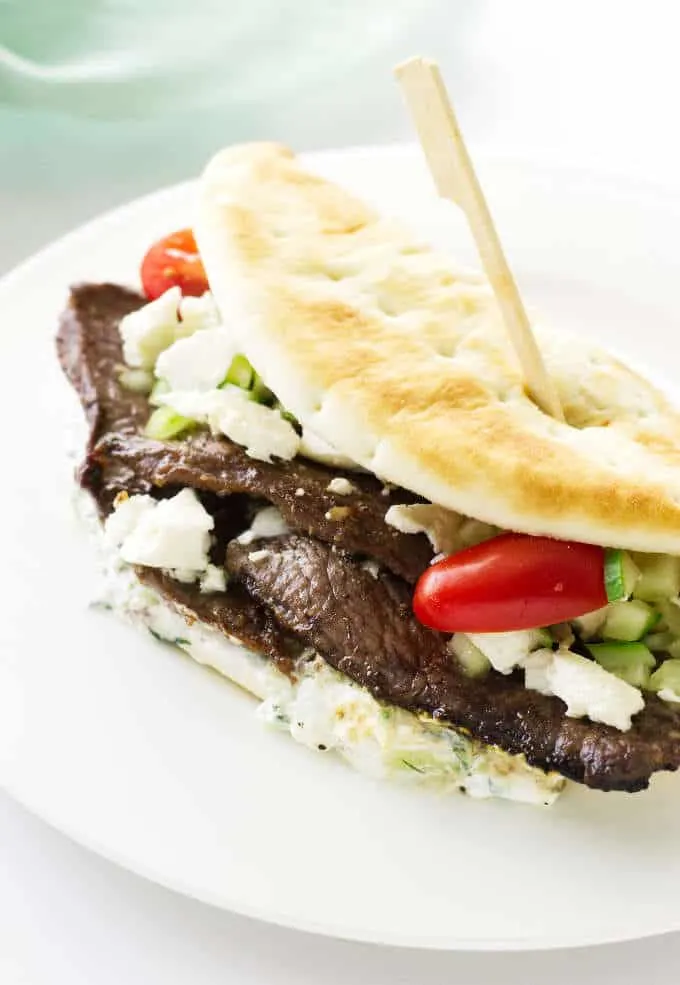 Close up view of Greek lamb pita on a plate