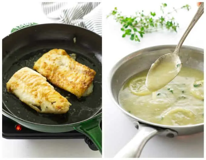 Collage of two cod fillets in skillet/small skillet with lemon-garlic sauce