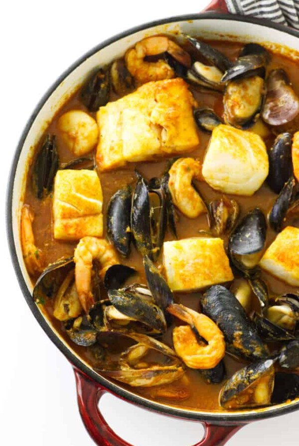 Large pot of seafood in a spicy sauce