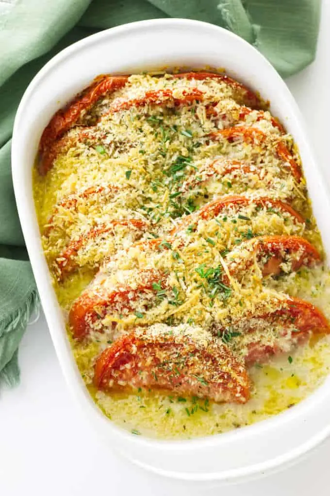 Overhead shot of a hot tomato casserole.