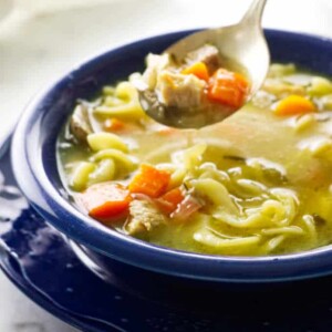 bowl of turkey noodle soup and spoon