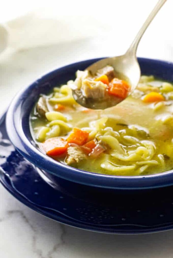 bowl of turkey noodle soup and spoon