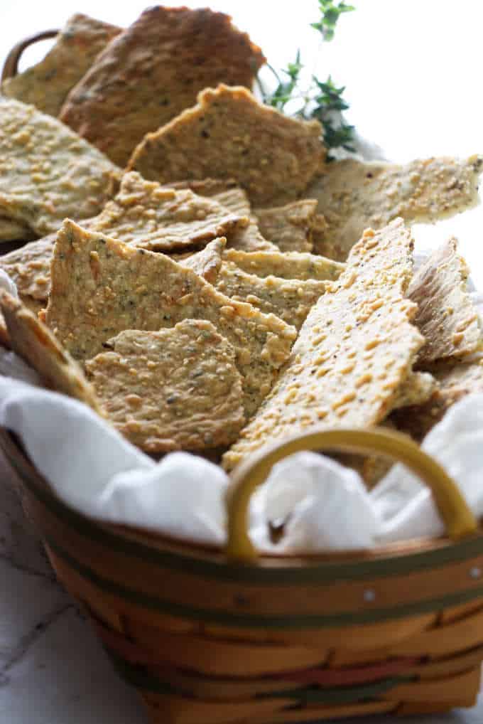 Sourdough crackers in a basket.