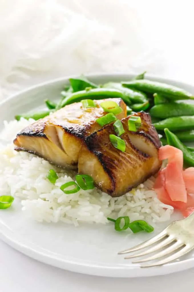 Broiled black cod, rice, pickled ginger and sautéed snap peas