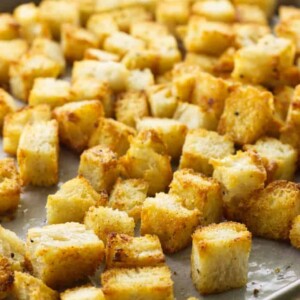 Sheet pan with crispy sourdough croutons