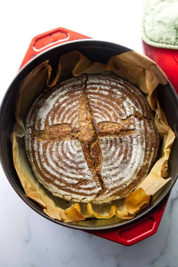 Sourdough spelt bread fresh out of the oven and still in a Dutch Oven.