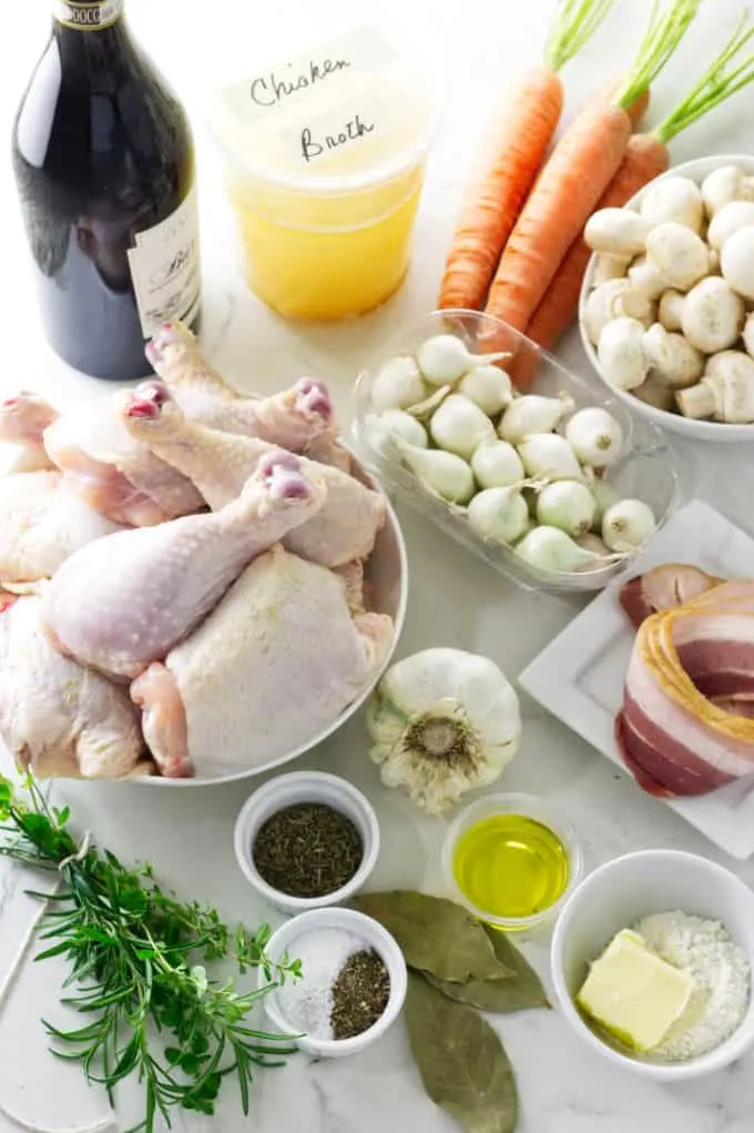 Overhead view of ingredients for coq au vin