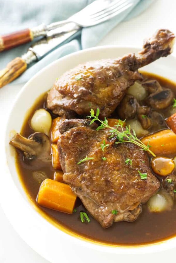 Overhead view of a serving of coq au vin