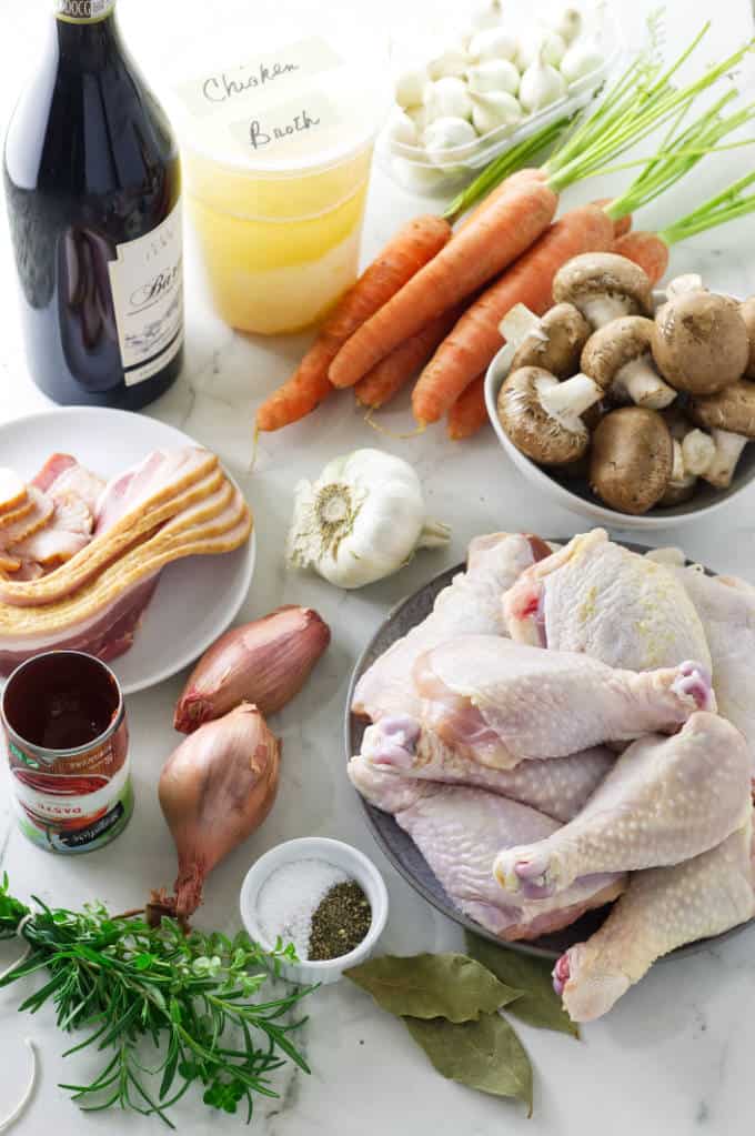 Ingredients for Coq au Vin in the slow cooker.