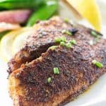 A fillet of blackened tilapia on a plate.