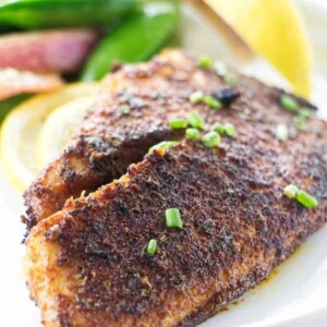 A fillet of blackened tilapia on a plate.