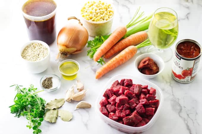 Overhead view of soup ingredients