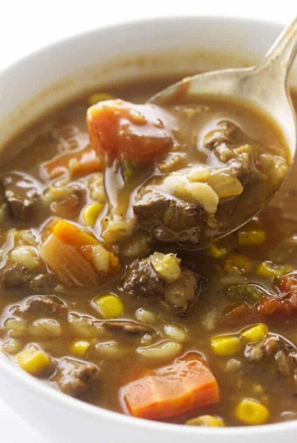 Close up view of a bowl of soup and a spoon