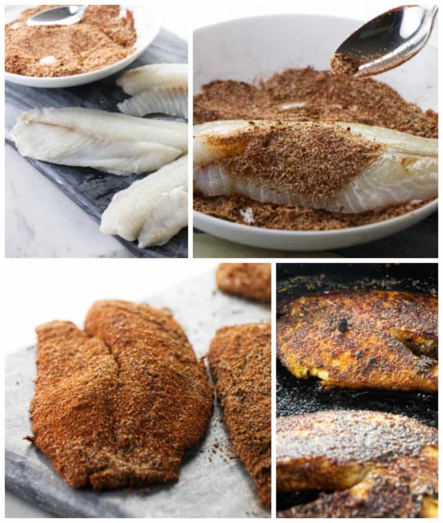 process photos showing how to make blackened tilapia.