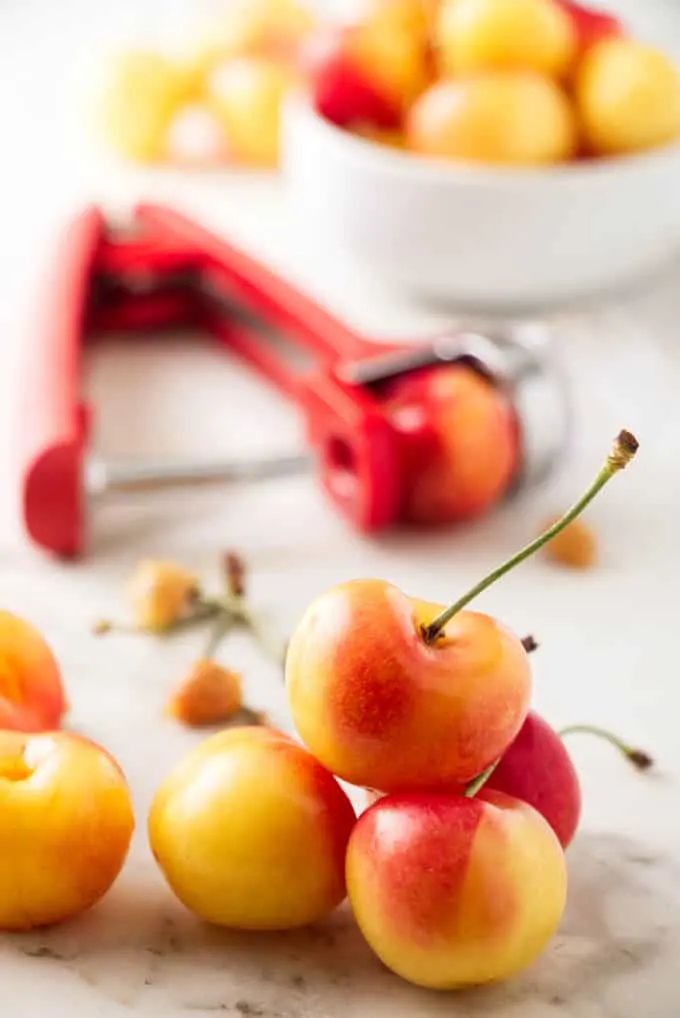 Rainier cherries with a cherry pitter in the background.
