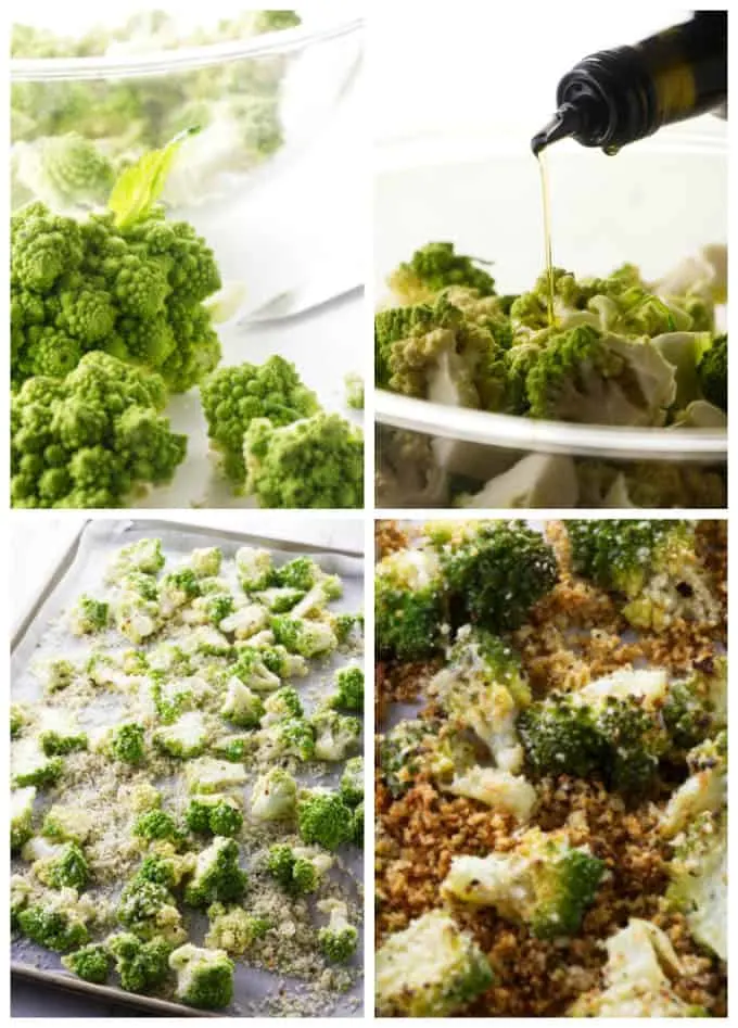 Collage showing the process for how to make roasted romanesco.