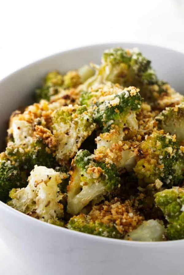 A serving bowl with roasted romanesco.