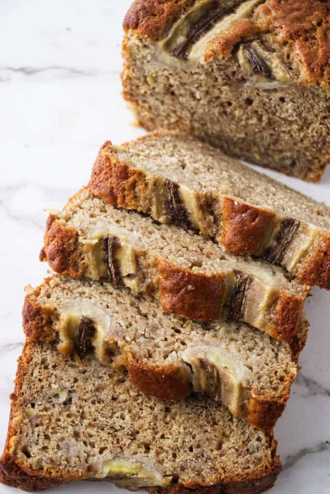 Sourdough banana bread slices fanned out.