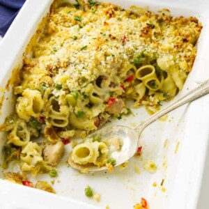 Overhead view of a dis of tuna pasta casserole with a spoon