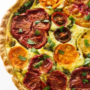 Overhead view of a heirloom tomato-ricotta tart