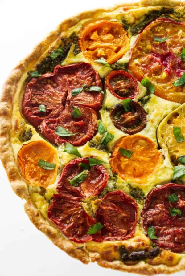 Overhead view of a heirloom tomato-ricotta tart