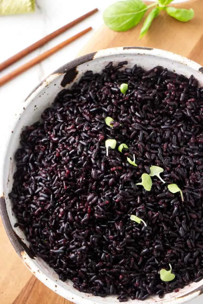 Close up of a bowl of instant pot black rice.