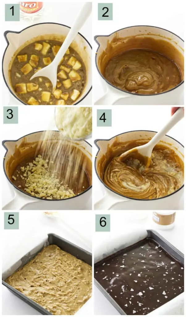 Process photos showing how to make brown sugar fudge.