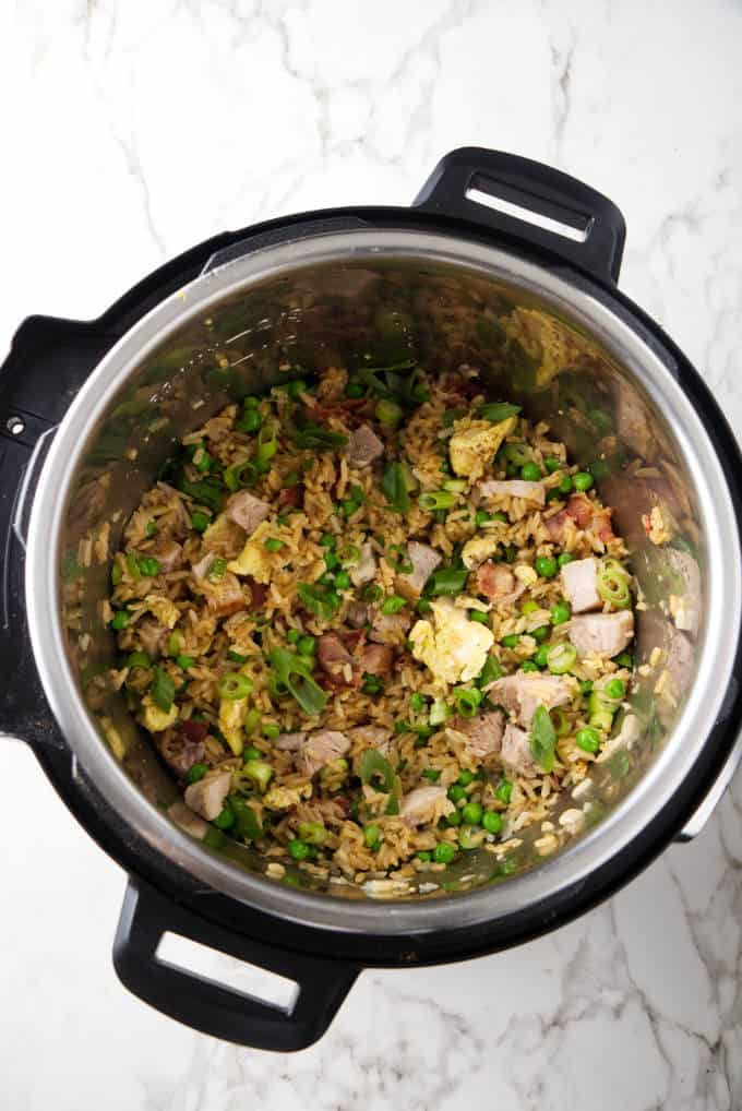 An instant pot with pork fried rice inside.