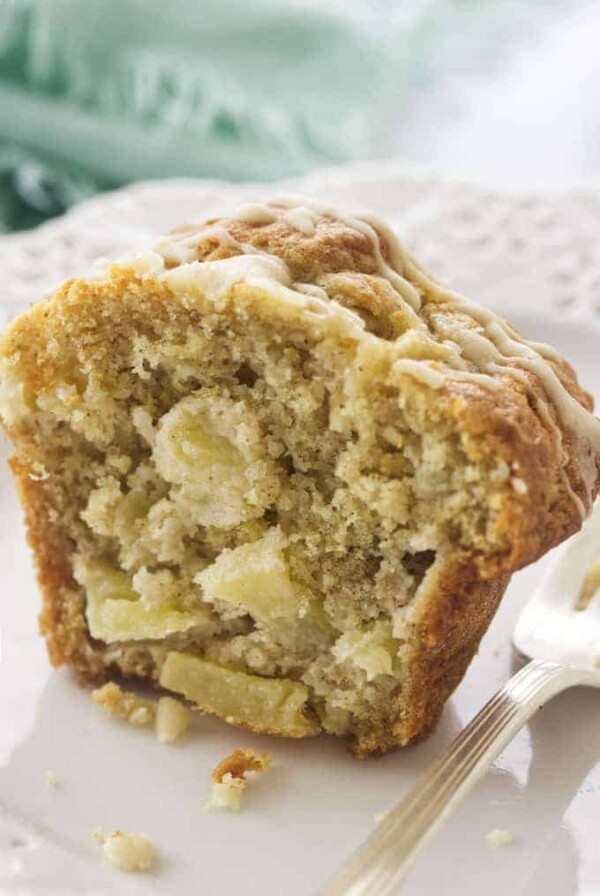 An apple ginger muffin cut in half.