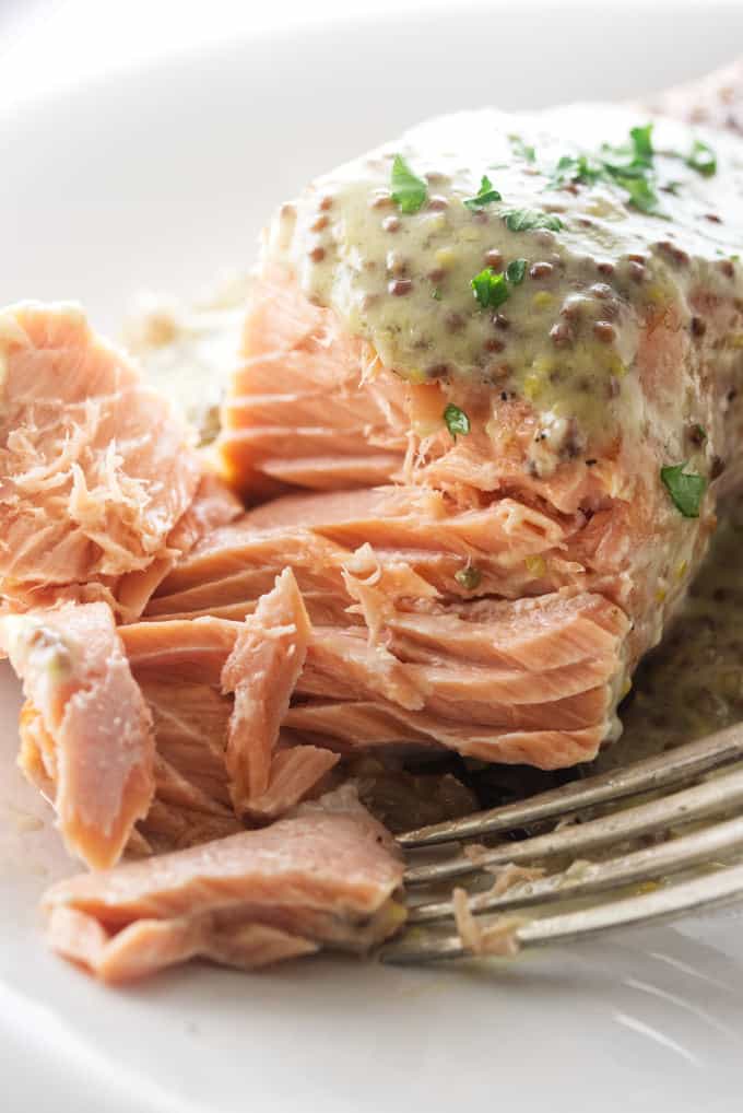 A bite shot of baked salmon with mustard sauce on top.