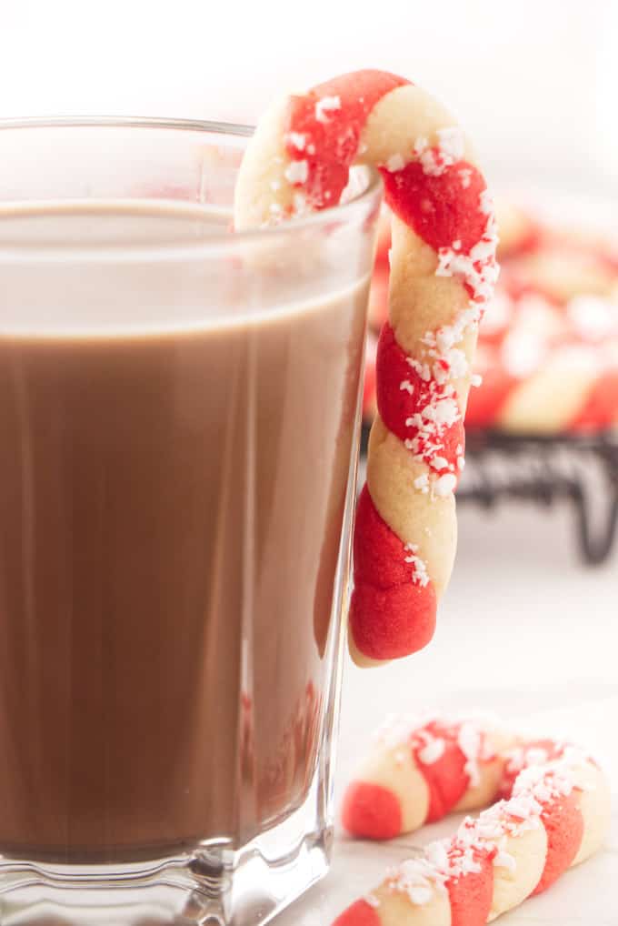 A candy cane cookie hooked on the edge of a glass of chocolate milk.