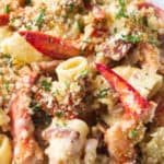 Closeup of lobster pasta with creamy garlic sauce.