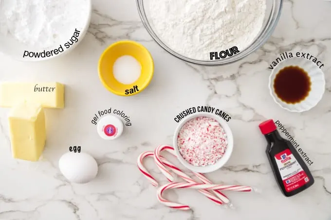 ingredients needed for candy cane cookies.