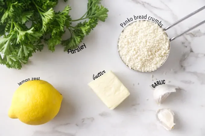 ingredients needed for crispy lemon garlic panko bread topping.