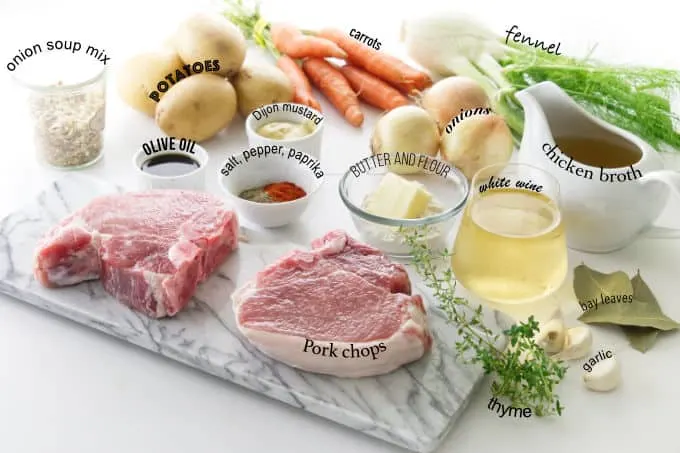 Ingredients needed for pork chop pot roast dinner.