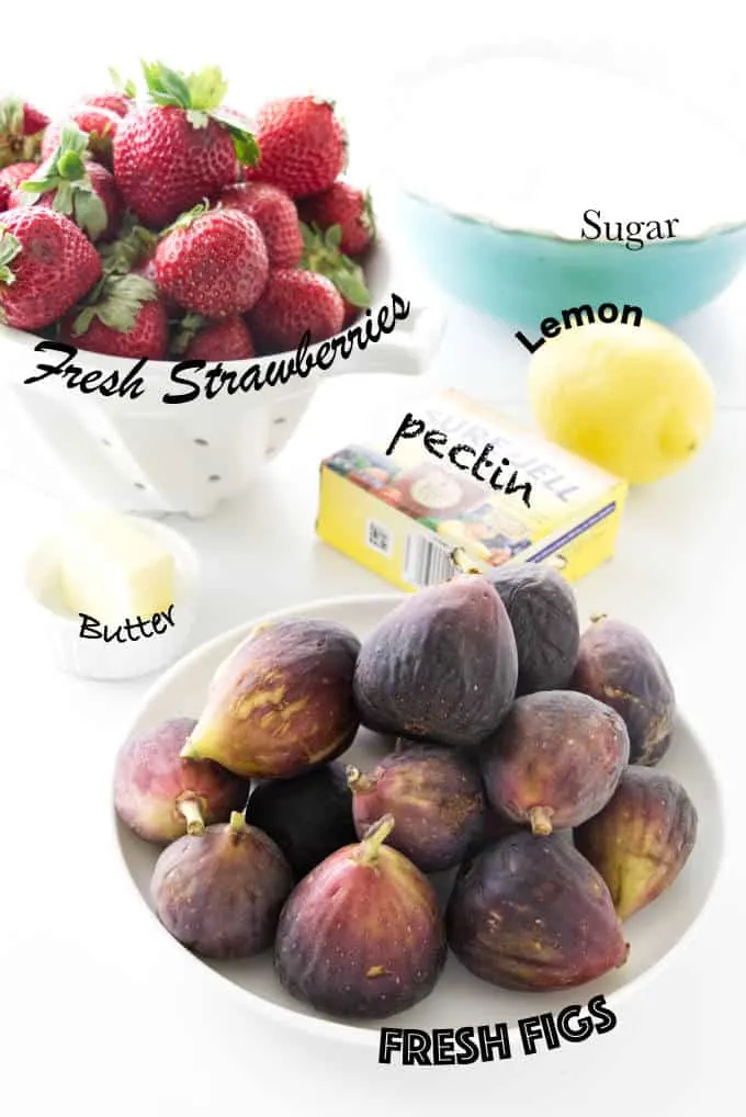 Ingredients needed for fresh strawberry fig jam.