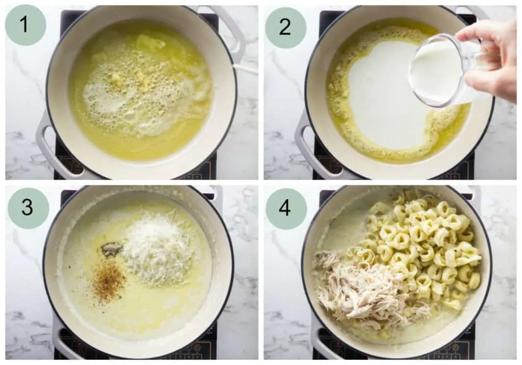 Process photos showing how to make Chicken Tortellini Alfredo