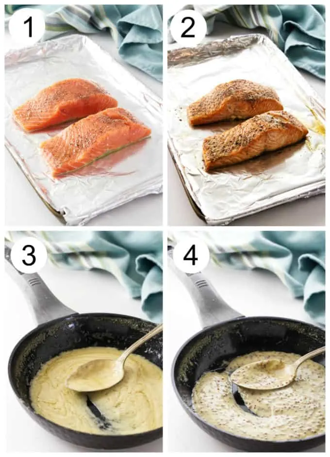 process photos showing how to make baked salmon with mustard sauce.