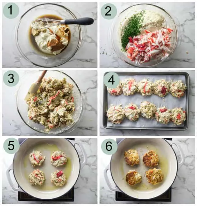 process photos showing how to make Alaskan King crab cakes.