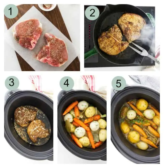 process photos showing how to make pork chop pot roast in a slow cooker.