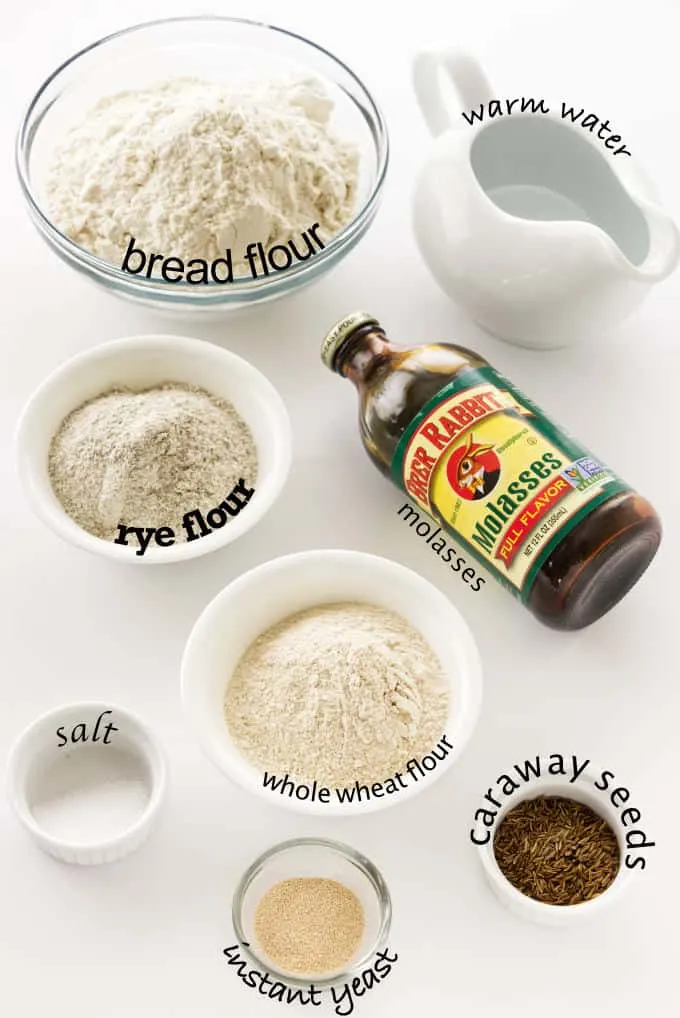 Ingredients used to make no knead rye bread.