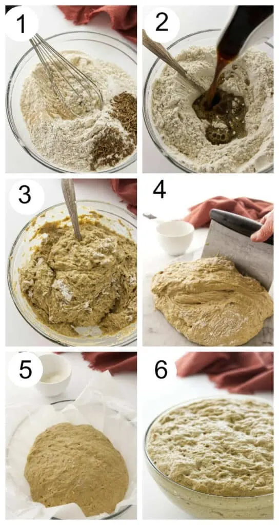 Collage photos showing how to make no-knead rye bread.