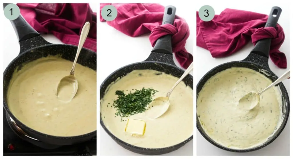 process steps showing how to make creamy tarragon sauce.