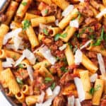 An overhead photo of beef pasta skillet made with leftover beef.