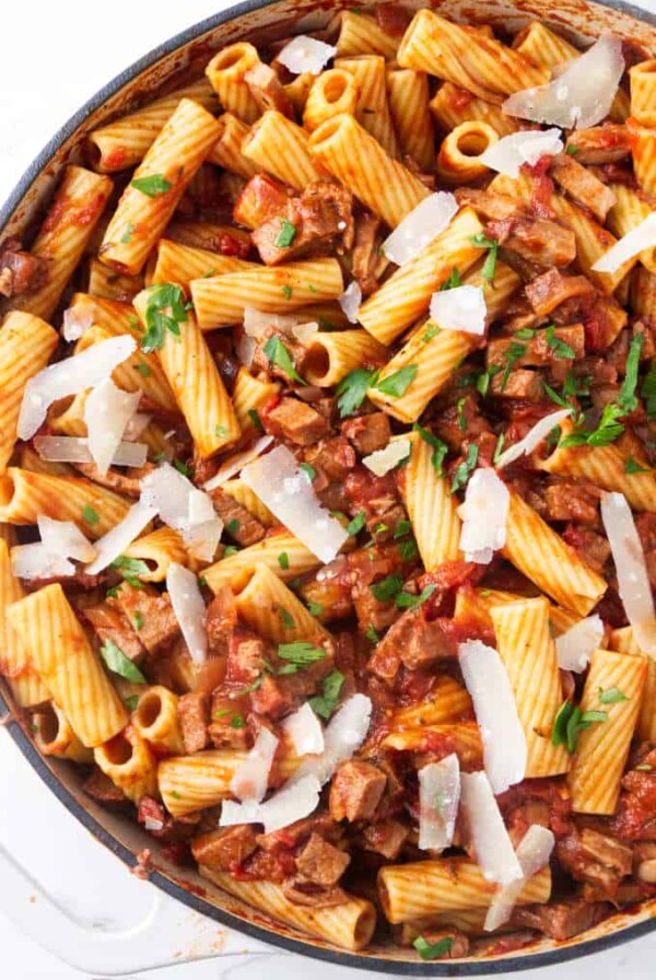 An overhead photo of beef pasta skillet made with leftover beef.