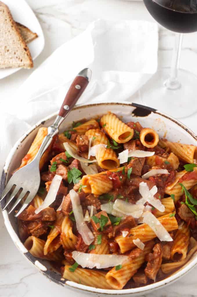 A dish of pasta with leftover beef from a tri tip.