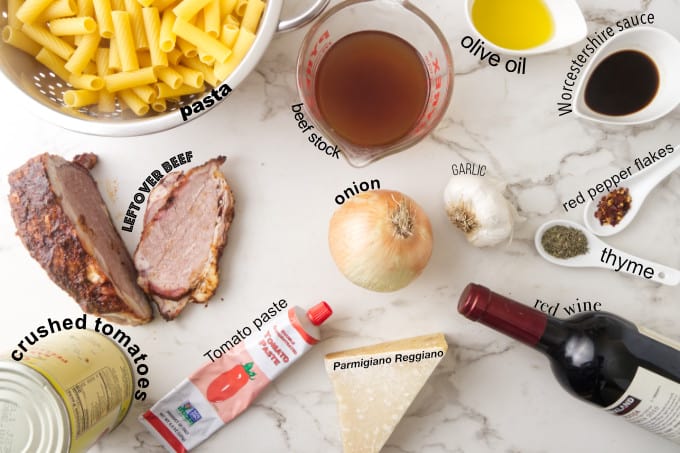 Ingredients needed for beef pasta skillet.