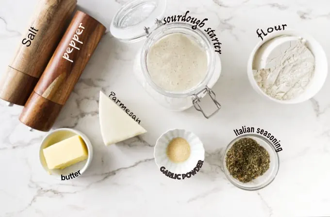 Ingredients used for sourdough crackers with parmesan cheese