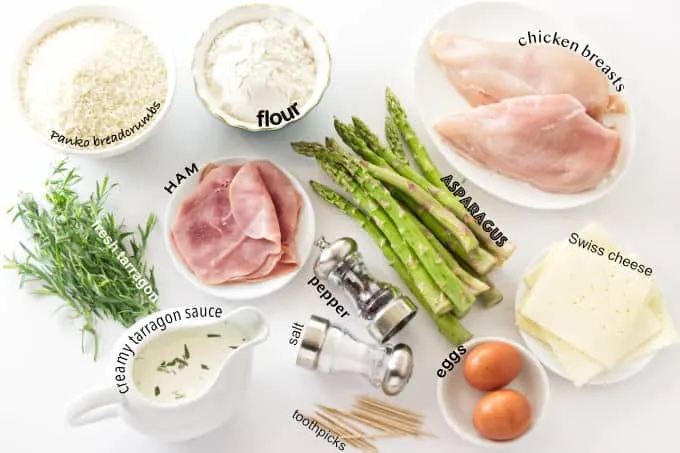 ingredients used to make chicken cordon bleu with asparagus stuffing.