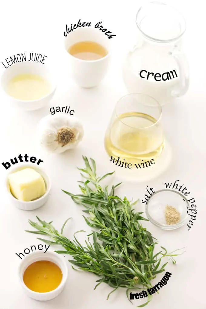 Ingredients used for making creamy tarragon sauce.